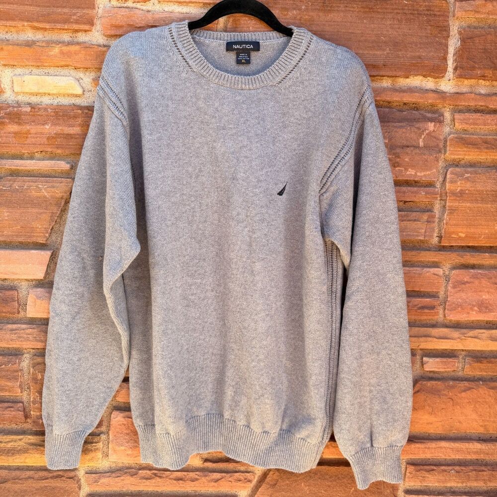 Nautica Sweater Men's Size XL Light Gray Crew Neck Pullover Long Sleeve Preppy